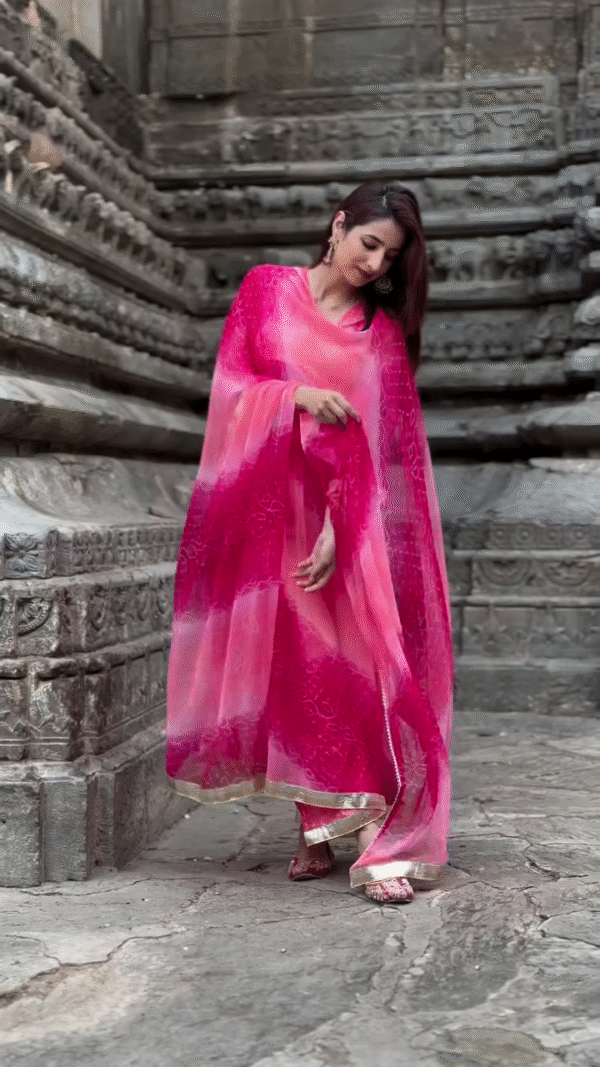 Pink Ombré Chiffon Salwar Kameez with Intricate Handcrafted Embroidery and Designer Earrings – Perfect for Festive Occasions and Traditional Celebrations - Image 2
