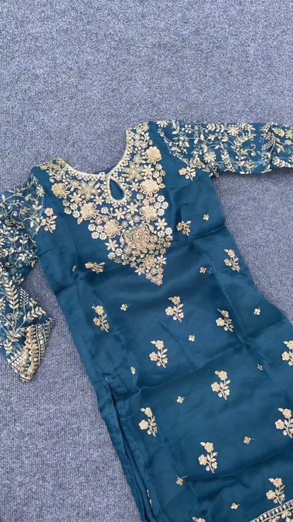 Luxurious Embroidered Kurta Set – Elegant Green and Blue Color Combination with Floral Thread Work and Intricate Detailing, Perfect for Weddings and Special Occasions