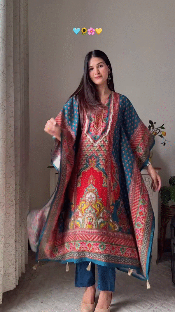 Multicolor printed kaftan-style kurti with vibrant patterns and designs