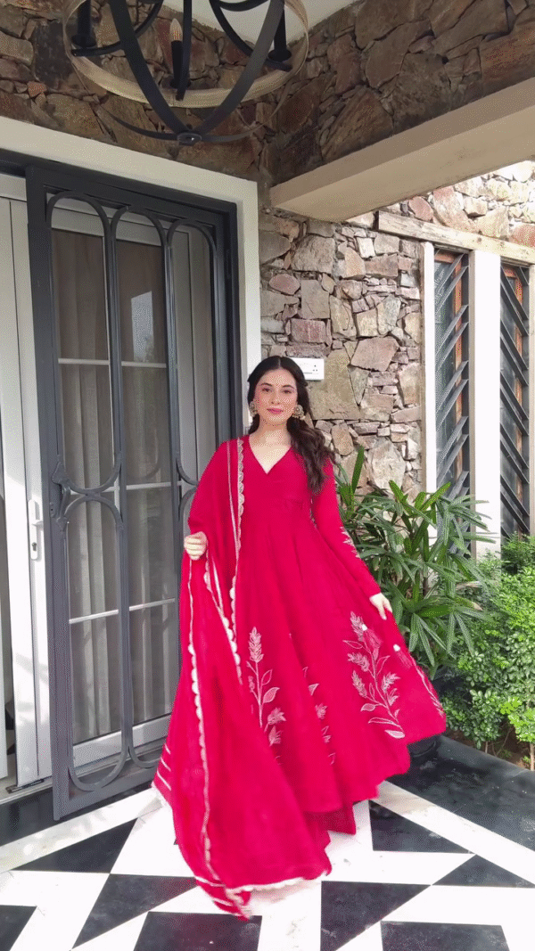 Red Embroidered Anarkali Dress with Floral Detailing and Matching Dupatta – Perfect for Festive Occasions and Celebrations