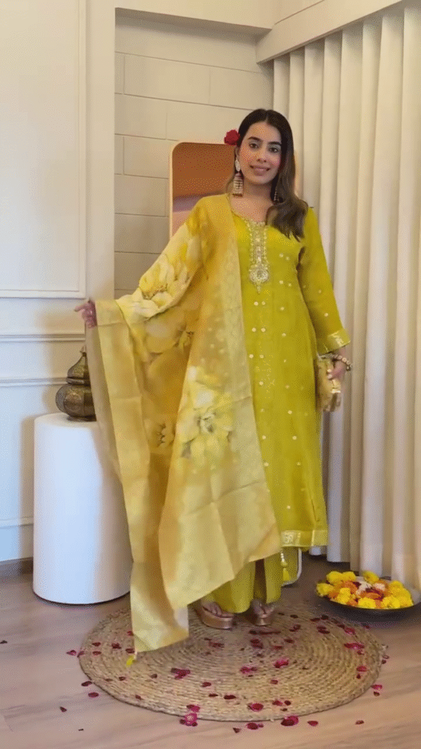 Bright Yellow Floral Embroidered Anarkali Dress with Chiffon Dupatta – Elegant Traditional Wear Perfect for Weddings, Festivals, and Celebrations
