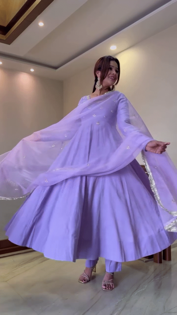 Lavender Floral Embroidered Anarkali Suit with Sheer Dupatta and Silver Detailing – Perfect for Festive and Traditional Occasions