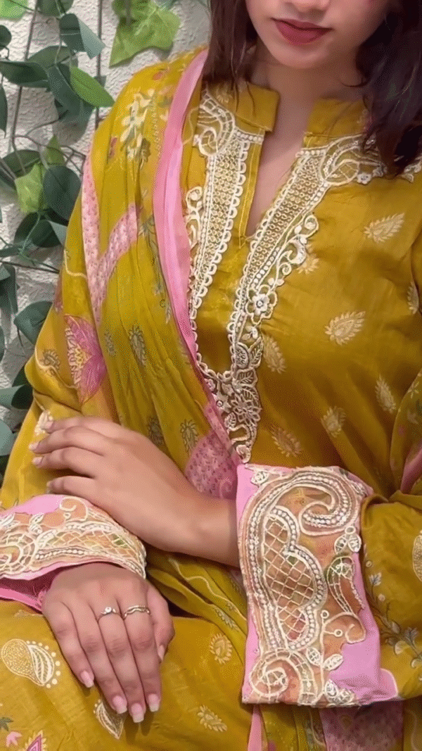 Charming Yellow Printed Kurta Set with Pink Floral Dupatta – Elegant and Fresh Traditional Wear for Casual and Festive Occasions - Image 2