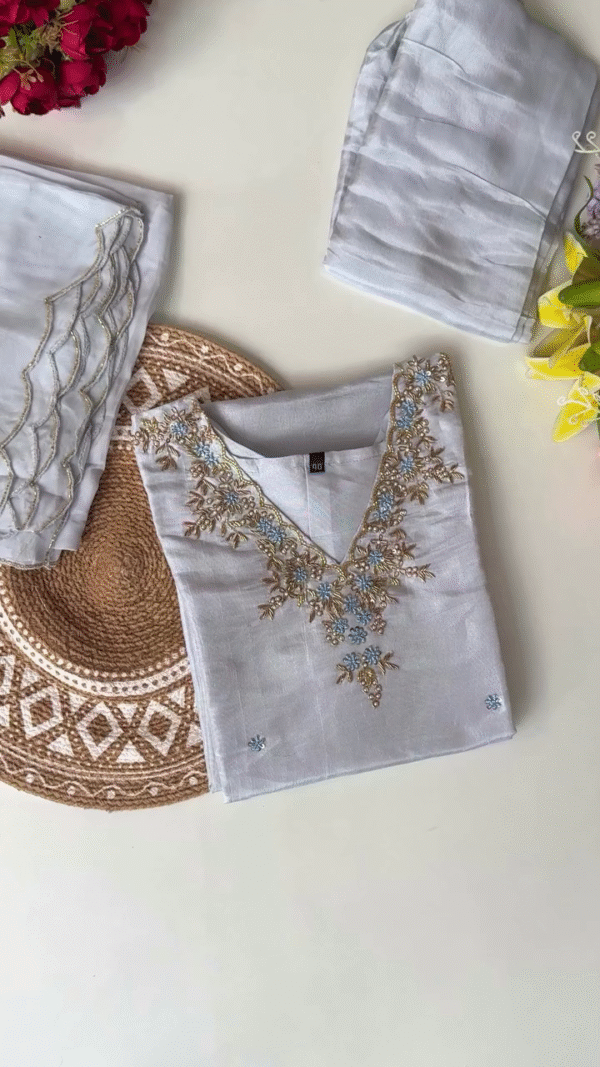 Light Blue Embroidered Kurta with Floral Detailing and Scalloped Edges, Paired with a Soft Chiffon Dupatta for a Graceful and Feminine Look