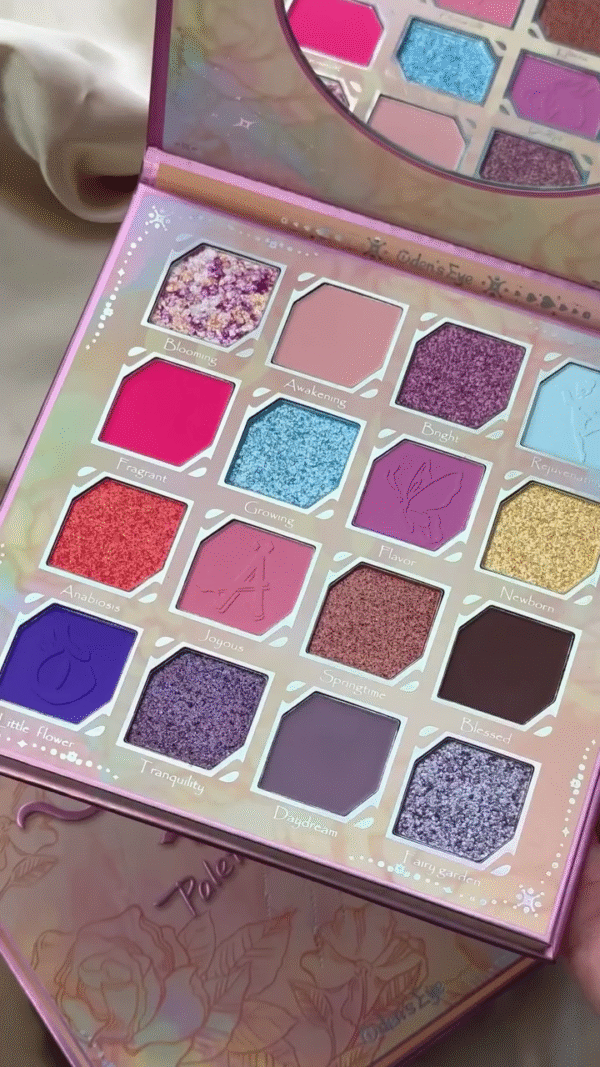 Enchanting 18-Color Eyeshadow Palette with Soft Pinks, Purples, and Glittering Shades – Featuring Magical Tones Like Blooming, Joyous, Flavor, and Fairy Garden - Image 2