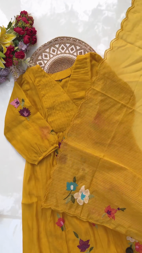 Bright Mustard Yellow Embroidered Kurta with Floral Detailing and Scalloped Sheer Dupatta – Perfect for Casual and Festive Occasions