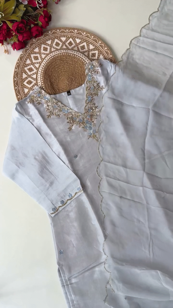 Light Blue Embroidered Kurta with Floral Detailing and Scalloped Edges, Paired with a Soft Chiffon Dupatta for a Graceful and Feminine Look - Image 2