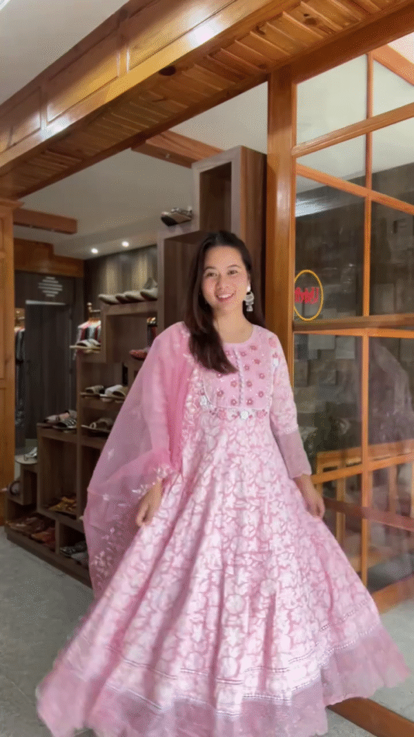Pink Embroidered Anarkali Dress with Floral Detailing and Sheer Dupatta – Perfect for Weddings, Festive Occasions, and Special Events - Image 2
