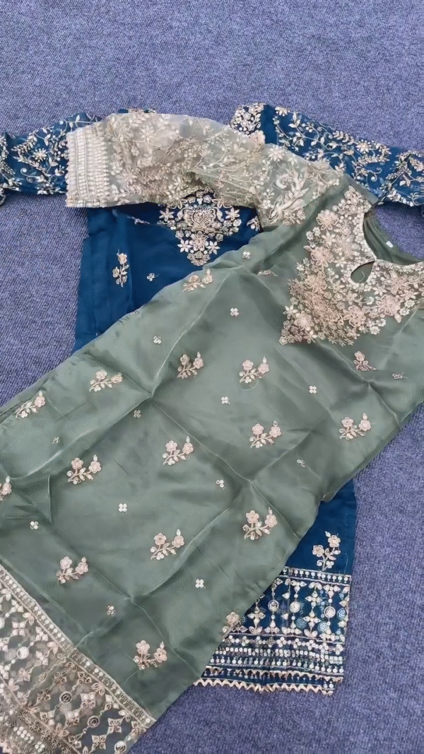 Luxurious Embroidered Kurta Set – Elegant Green and Blue Color Combination with Floral Thread Work and Intricate Detailing, Perfect for Weddings and Special Occasions - Image 2