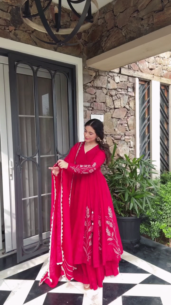 Red Embroidered Anarkali Dress with Floral Detailing and Matching Dupatta – Perfect for Festive Occasions and Celebrations - Image 2