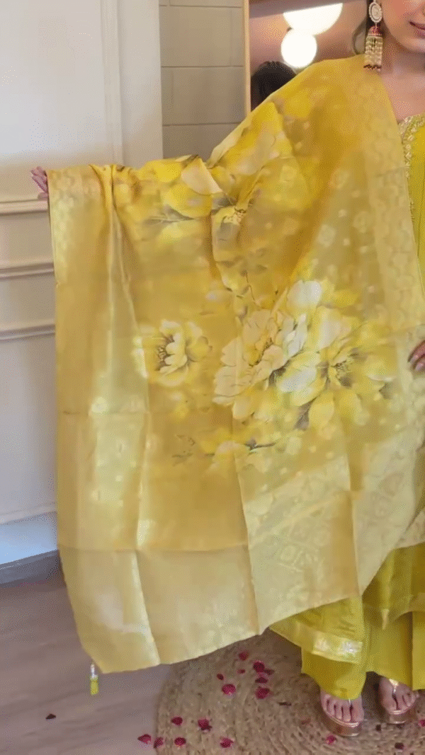 Bright Yellow Floral Embroidered Anarkali Dress with Chiffon Dupatta – Elegant Traditional Wear Perfect for Weddings, Festivals, and Celebrations - Image 2