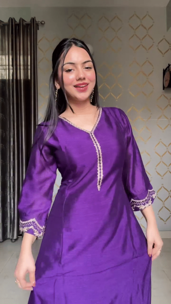 Purple Embroidered Kurta Set – Featuring Intricate Thread Work and Sequin Detailing, Perfect for Traditional and Festive Occasion - Image 2