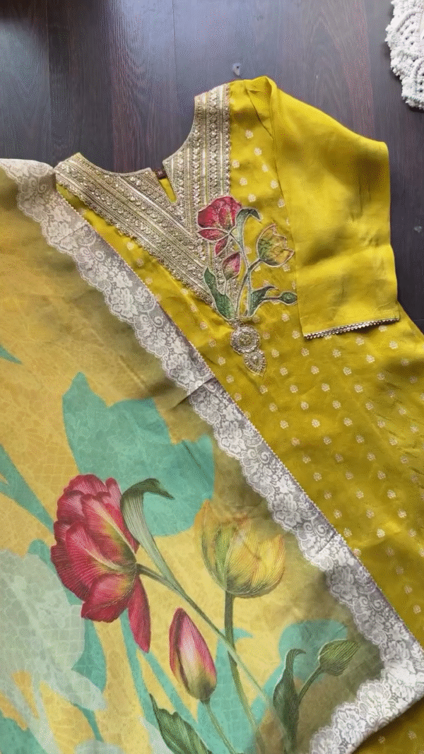 Embroidered Yellow Kurta and Pant Set with Colorful Dupatta – Traditional and Stylish Ethnic Wear for Women