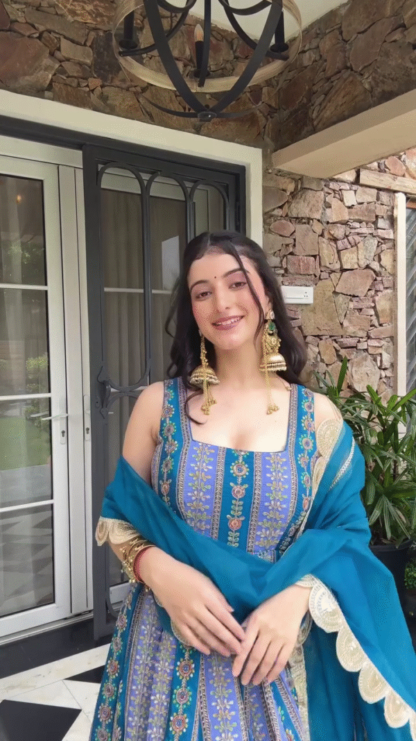 Blue and Teal Embroidered Anarkali with Circular Motifs and Matching Dupatta – Perfect for Festive Celebrations and Weddings