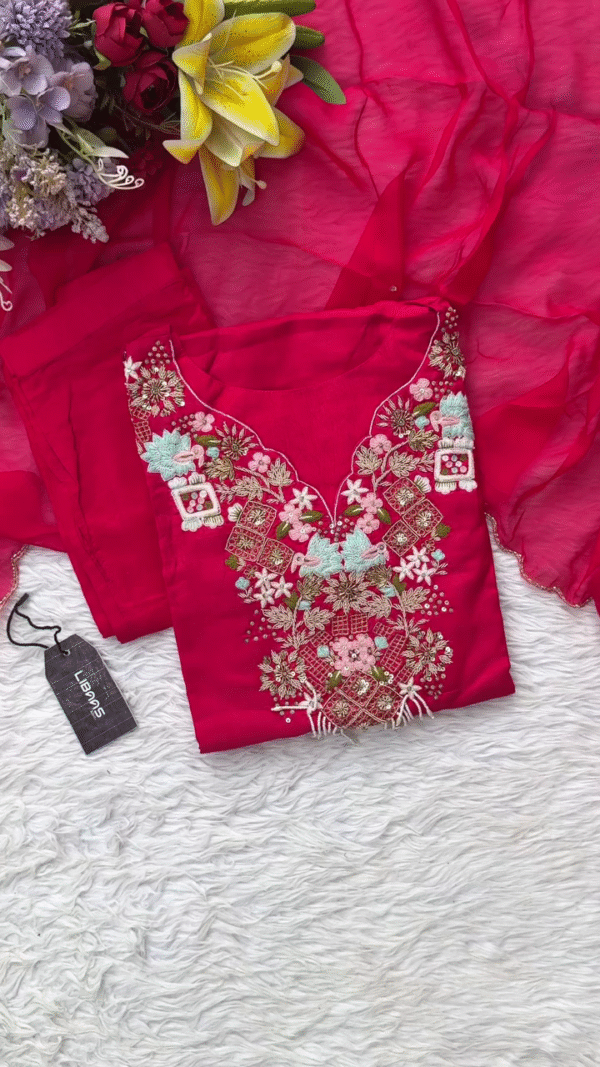 Bright Red Embroidered Kurti with Intricate Floral Detailing and Beadwork on the Neckline, Paired with a Soft and Elegant Dupatta – Ideal for Festive and Casual Occasions