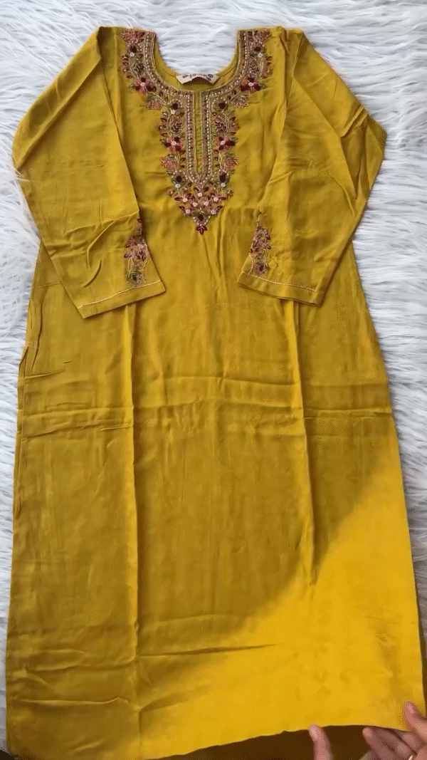 Rich Yellow Embroidered Salwar Kameez Set with Floral Detailing, Intricate Neckline, and Elegant Burgundy Dupatta - Premium Cotton for Comfort and Style