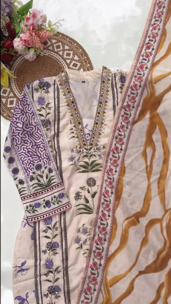 Elegant Beige Embroidered Kurta with Intricate Floral Designs and Beaded Detailing, Paired with a Matching Printed Dupatta – Ideal for Traditional and Festive Occasions - Image 2