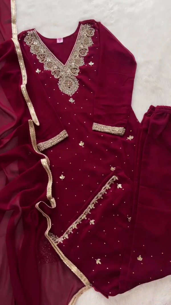 Maroon Embroidered Kurta Set with Gold Detailing – Perfect for Festive and Traditional Occasions - Image 2
