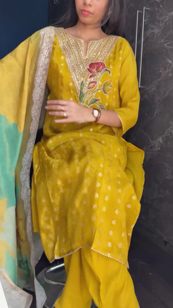 Embroidered Yellow Kurta and Pant Set with Colorful Dupatta – Traditional and Stylish Ethnic Wear for Women - Image 2