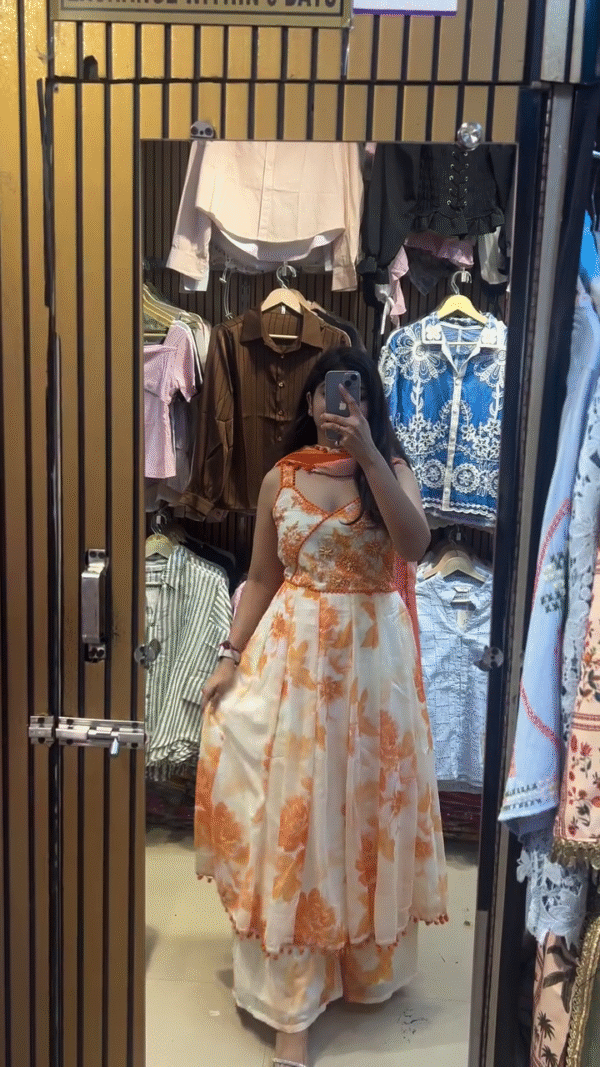 White and Orange Floral Printed Anarkali Kurti with Dupatta and Palazzo – Sleeveless Ethnic Party Wear Dress with Embroidered Detailing and Flared Silhouette for Festive and Wedding Functions - Image 2