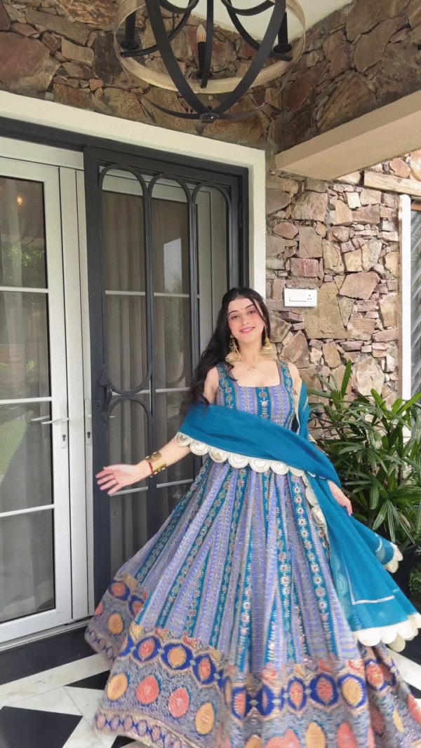 Blue and Teal Embroidered Anarkali with Circular Motifs and Matching Dupatta – Perfect for Festive Celebrations and Weddings - Image 2