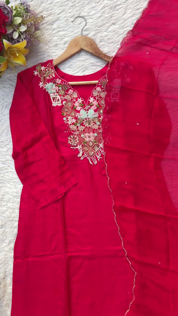 Bright Red Embroidered Kurti with Intricate Floral Detailing and Beadwork on the Neckline, Paired with a Soft and Elegant Dupatta – Ideal for Festive and Casual Occasions - Image 2