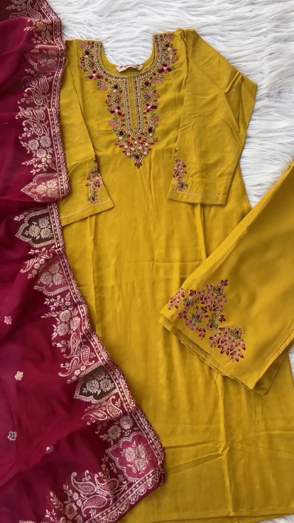 Rich Yellow Embroidered Salwar Kameez Set with Floral Detailing, Intricate Neckline, and Elegant Burgundy Dupatta - Premium Cotton for Comfort and Style - Image 2