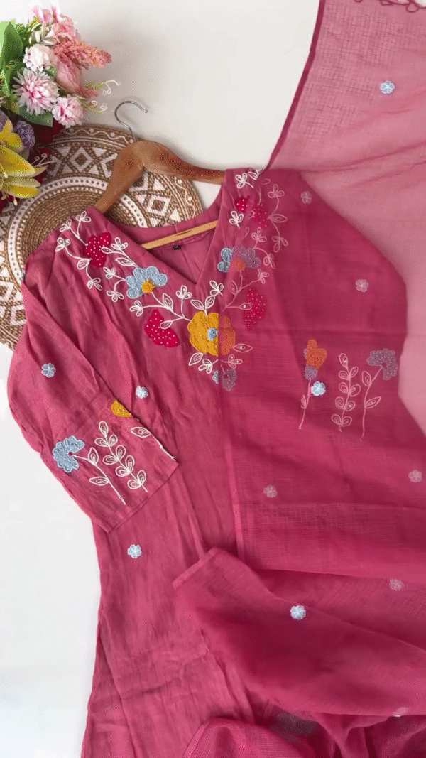 Vibrant Pink Embroidered Kurta with Colorful Floral Detailing and Matching Sheer Dupatta – Perfect for Casual and Festive Wear