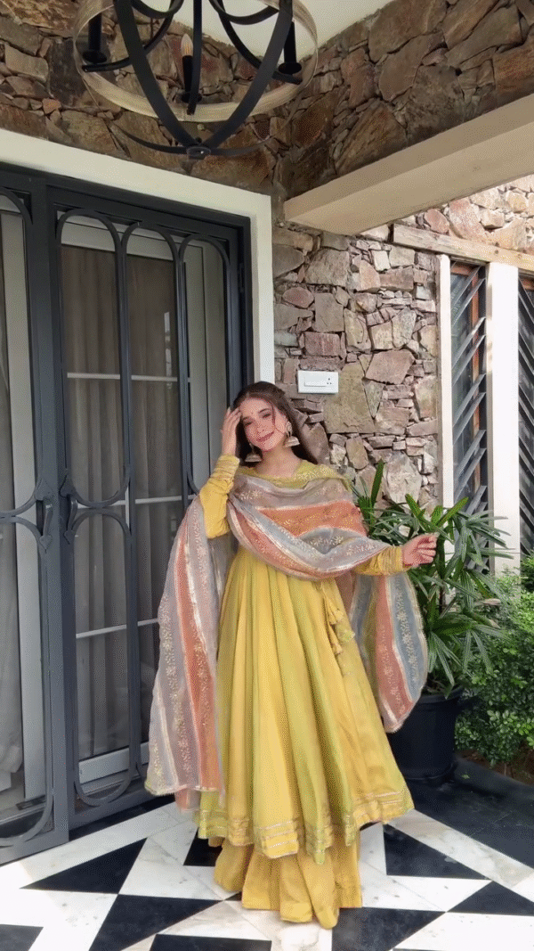 Mustard Yellow Anarkali with Delicate Embroidery and Flowing Dupatta – Ideal for Festive and Formal Occasions - Image 2