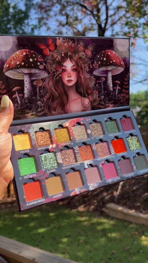 "Autumn-Inspired Eyeshadow Palette with 18 Shades – Featuring Warm Tones Like Pumpkin Patch, Sweater Weather, and Harvest Moon