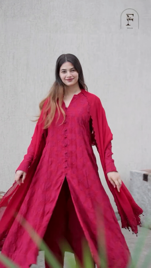 Red Embroidered Kurta with Button Detailing and Flowy Sleeves – Perfect Traditional Outfit for Festive and Casual Occasions