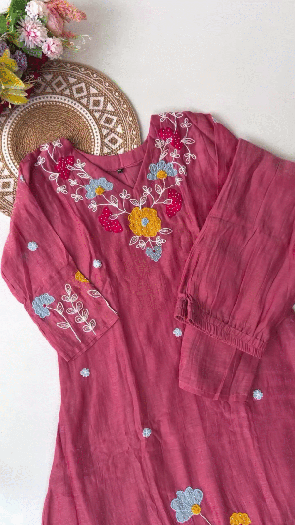 Vibrant Pink Embroidered Kurta with Colorful Floral Detailing and Matching Sheer Dupatta – Perfect for Casual and Festive Wear - Image 2