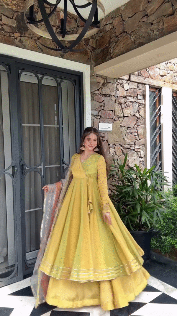 Mustard Yellow Anarkali with Delicate Embroidery and Flowing Dupatta – Ideal for Festive and Formal Occasions