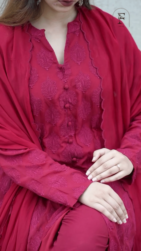 Red Embroidered Kurta with Button Detailing and Flowy Sleeves – Perfect Traditional Outfit for Festive and Casual Occasions - Image 2