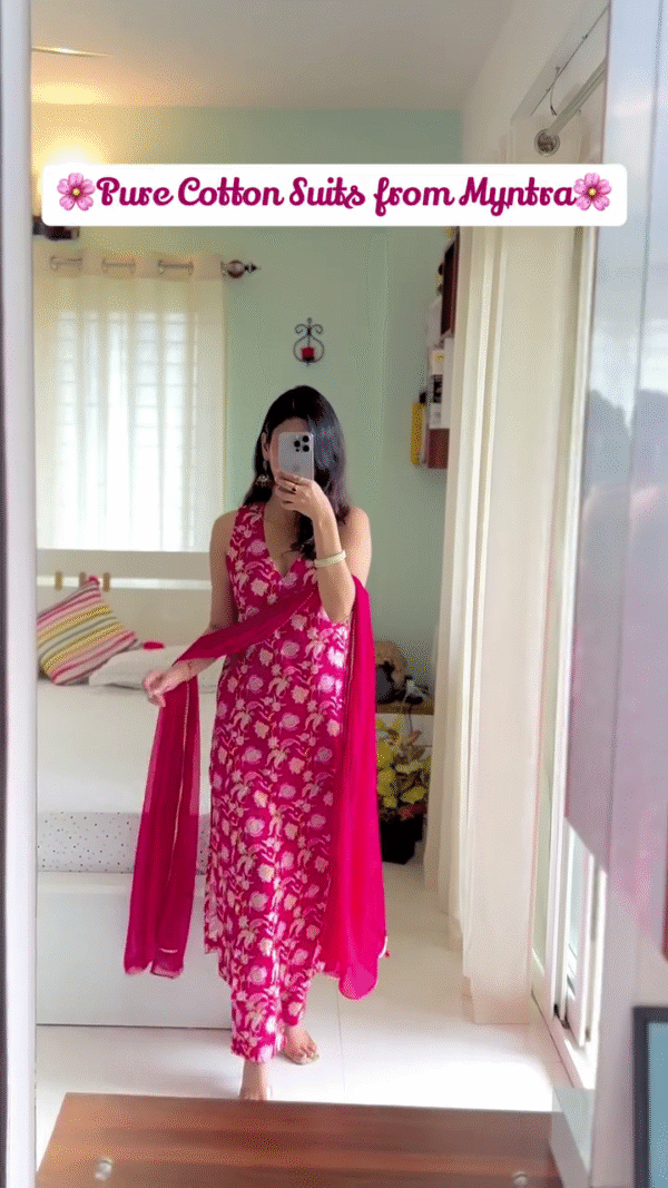 Pure Cotton Printed Suit Sets with Matching Dupatta – Sleeveless V-Neck Ethnic Wear for Women in Elegant Pink Floral and Black Leaf Designs