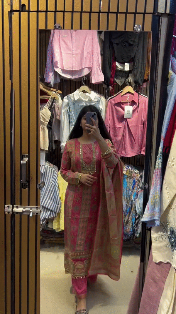 Elegant Pink and Gold Woven Banarasi Suit Set – Featuring Intricate Zari Detailing on Straight-Cut Kurta with Matching Pants and Dupatta, Perfect for Festive and Wedding Wear