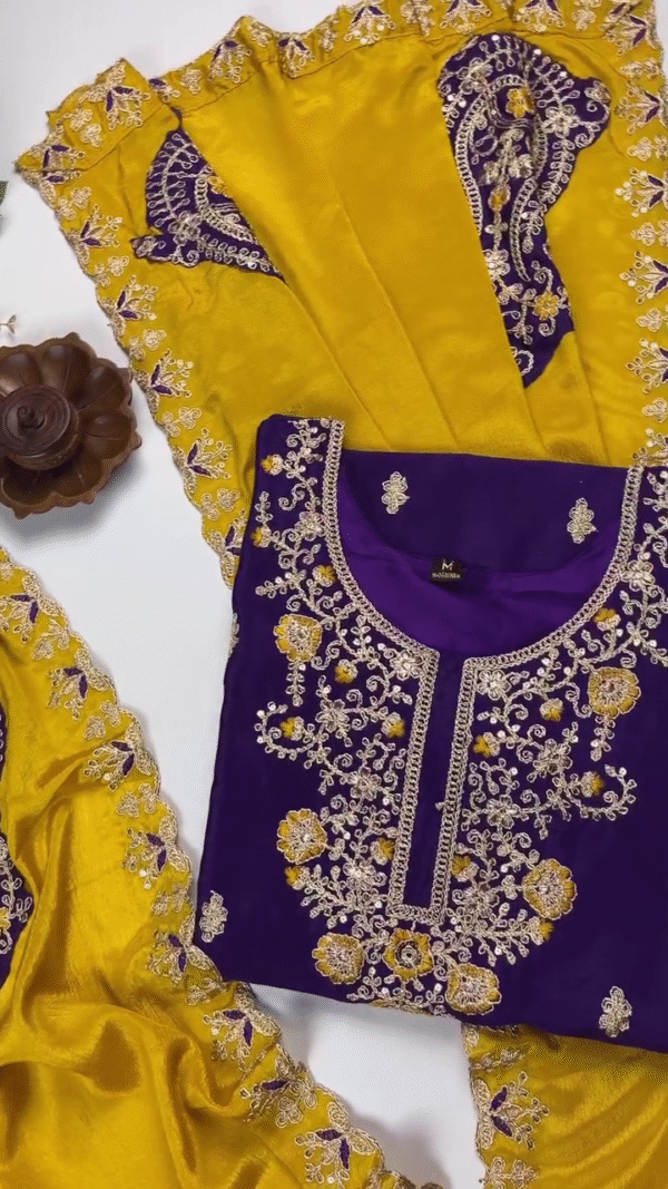 Purple Embroidered Kurta with Gold Floral Detailing and Matching Yellow Dupatta – Perfect for Weddings and Festive Celebrations