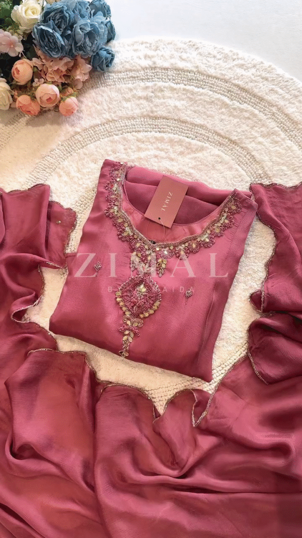 Mauve Chiffon Tunic with Intricate Embroidery and Detailed Neckline, Paired with a Soft Matching Dupatta