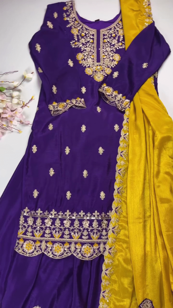 Purple Embroidered Kurta with Gold Floral Detailing and Matching Yellow Dupatta – Perfect for Weddings and Festive Celebrations - Image 2