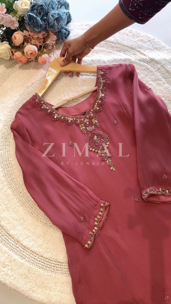Mauve Chiffon Tunic with Intricate Embroidery and Detailed Neckline, Paired with a Soft Matching Dupatta - Image 2