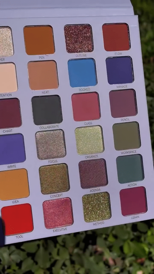 Creative and Vibrant Eyeshadow Palette with 24 Shades in Matte, Shimmer, and Metallic Finishes, Featuring Rich Tones of Reds, Greens, Purples, and Golds - Image 2
