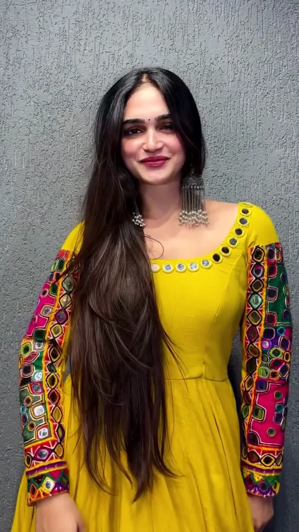 Yellow Embroidered Full-Length Anarkali Dress with Mirror Work Neckline and Colorful Bird-Floral Print - Image 2