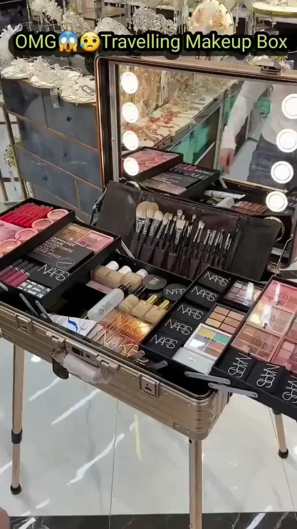 Professional Travelling Makeup Box with LED Mirror and Adjustable Stand – Complete Portable Vanity Case with Brushes, Foundations, Lipsticks, Eyeshadow Palettes
