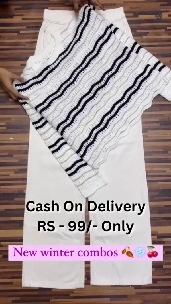 Trendy Winter Combo – Striped Sweater with White Pants (Also Available in Black Color)