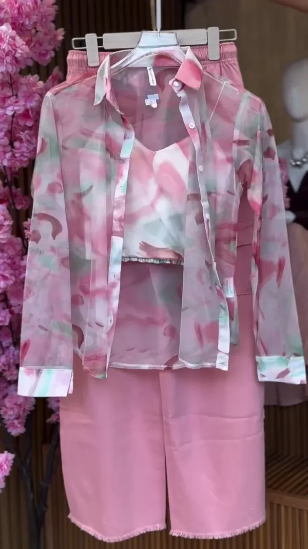 Trendy Pink Abstract Print Co-Ord Set with Sheer Button-Down Shirt, Inner Crop Top and Matching Shorts – Stylish Casual Outfit for Summer, Travel and Daily Wear