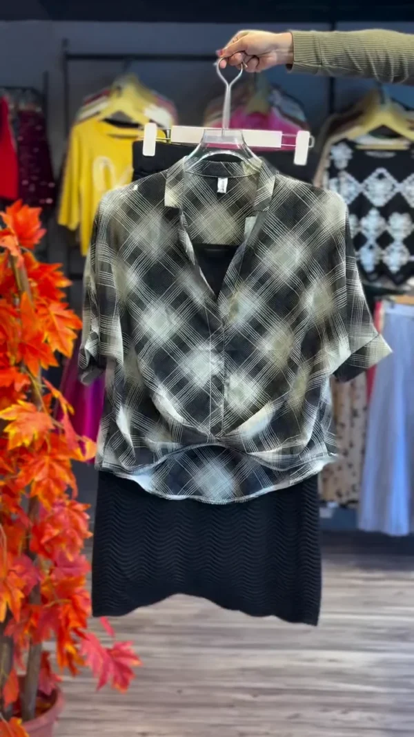 Trendy Black & Beige Checked Co-Ord Set with Sheer Overlap Shirt, Inner Top and Matching Skirt – Stylish Casual Wear for Daily, Office & Outings