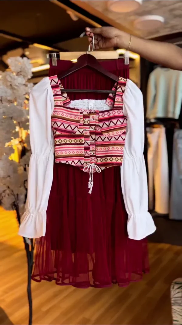 Elegant Maroon Sheer Dress with White Flared Sleeve Inner and Printed Ethnic Crop Jacket – Stylish Fusion Wear for Festive, Party and Casual Outings