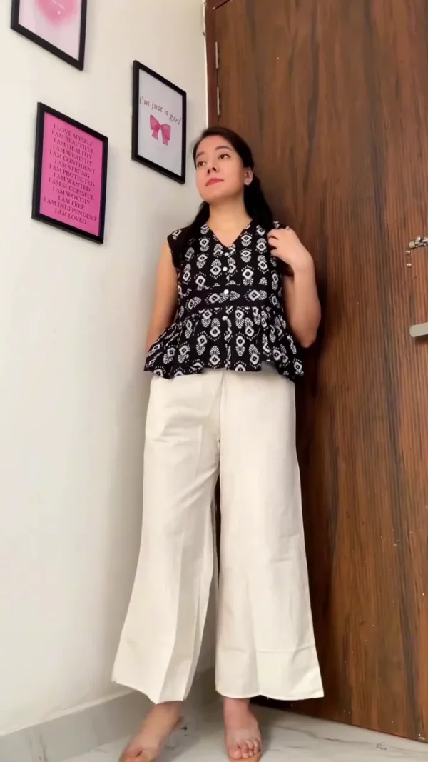 Trendy Women’s Western Wear Combo – Stylish Black & White Printed Peplum Top with White Wide-Leg Pants and Elegant Red Floral Shrug Style Top with Matching Palazzo Pants – Comfortable Daily & Party Wear Outfits - Image 2