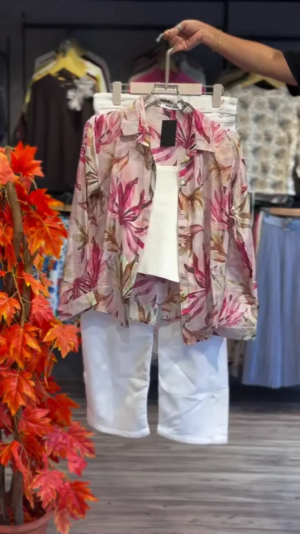 Trendy Floral Printed Sheer Shirt with Inner White Top and White Pants – Stylish Casual Co-Ord Set for Daily Wear, Brunch and Outings