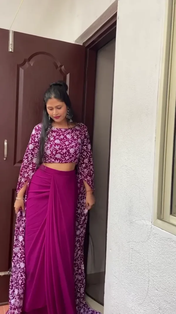 Women’s Elegant Magenta Embroidered Crop Top with Draped Skirt & Long Cape – Designer Party & Festive Wear Set - Image 2